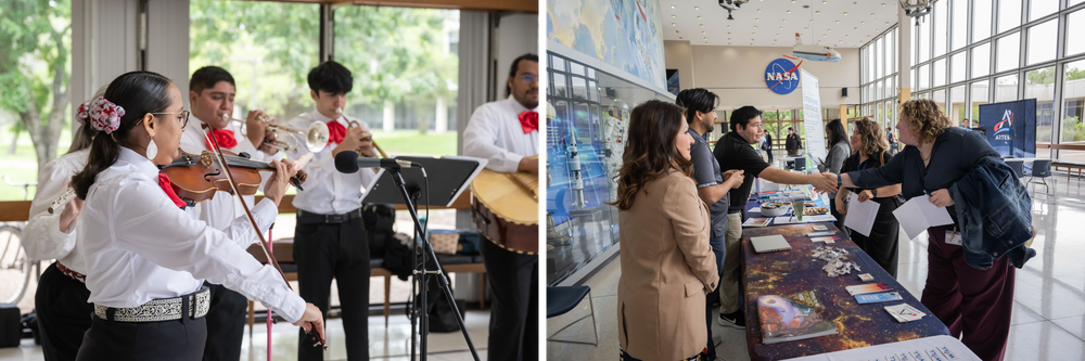 Side-by-side photos show a mariachi band playing in a building lobby and people visiting exhibit tables.